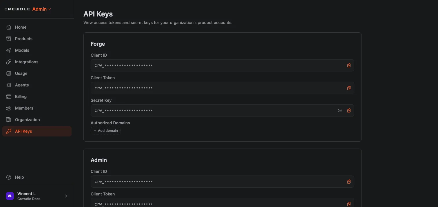 Crewdle Admin API Keys page listing Client ID, Client Token, and Secret Key per product