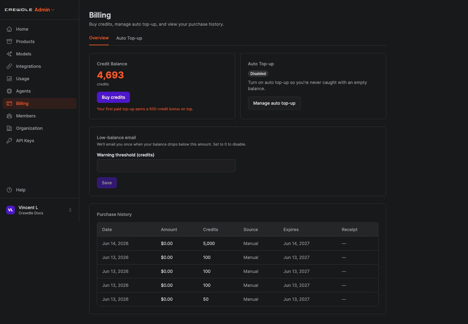 Crewdle Admin billing page with credit balance, auto top-up, low-balance alert, and purchase history