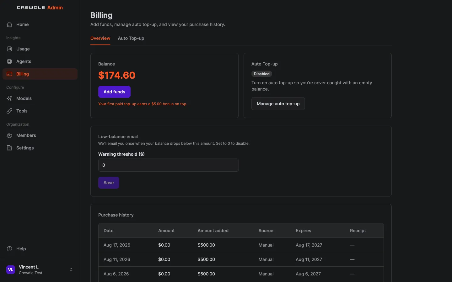 Crewdle Admin billing page with credit balance, auto top-up, low-balance alert, and purchase history