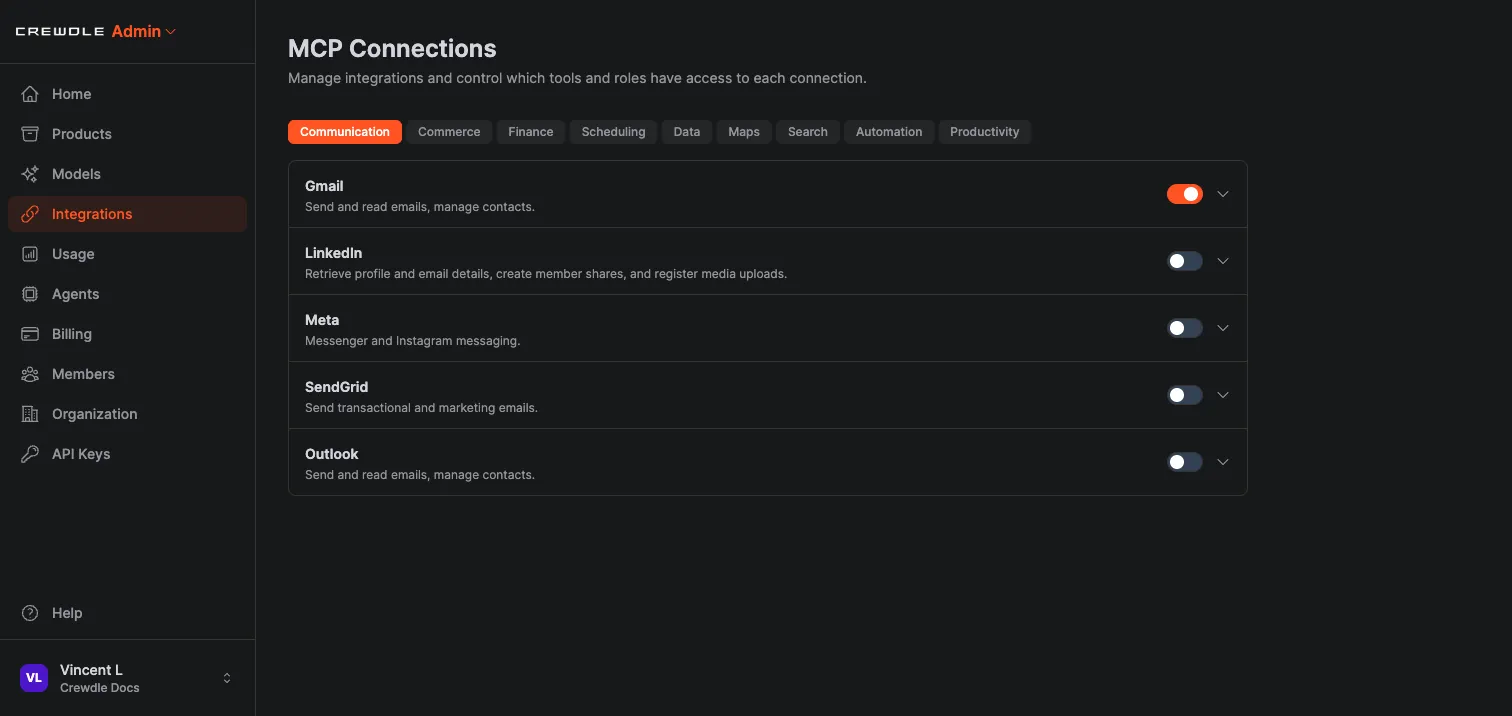 Crewdle Admin integrations catalog grouped by category with connector cards