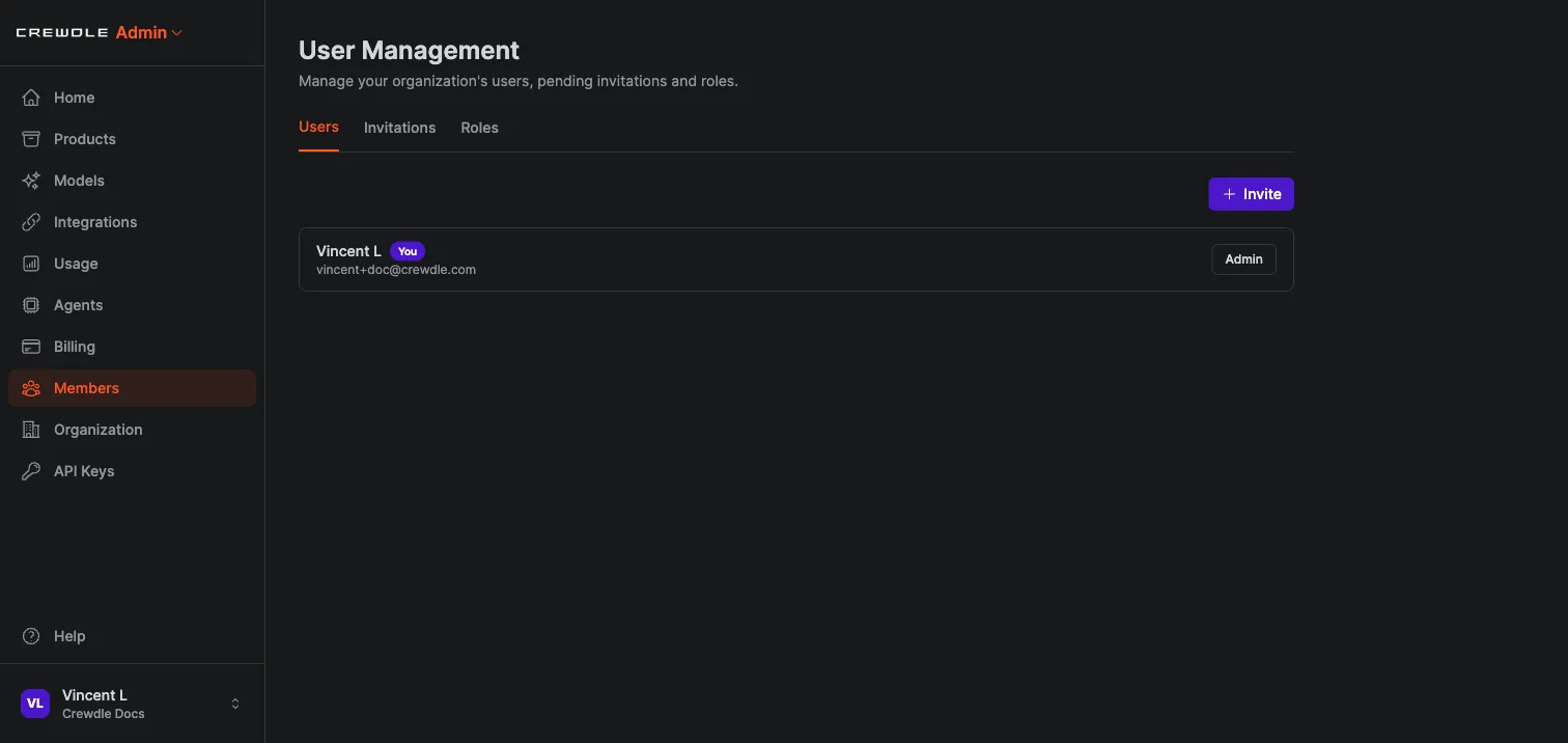 Crewdle Admin Members page with tabs for users, invitations, and roles