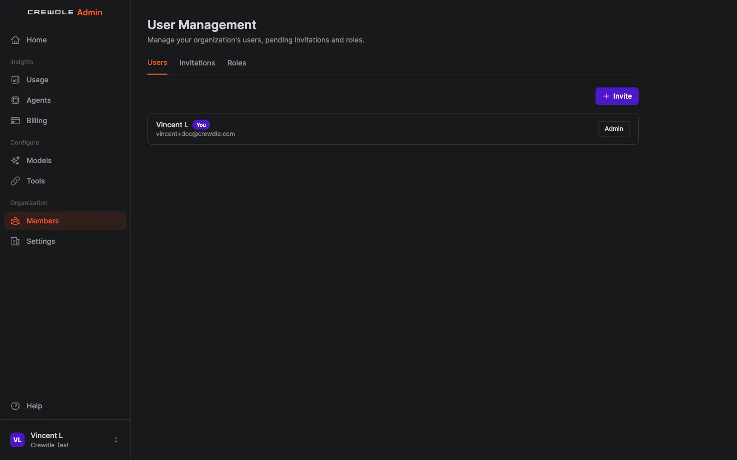 Crewdle Admin Members page with tabs for users, invitations, and roles