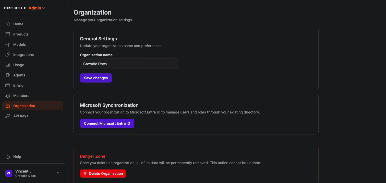 Crewdle Admin organization settings with general settings, Microsoft Entra ID sync, and a danger zone