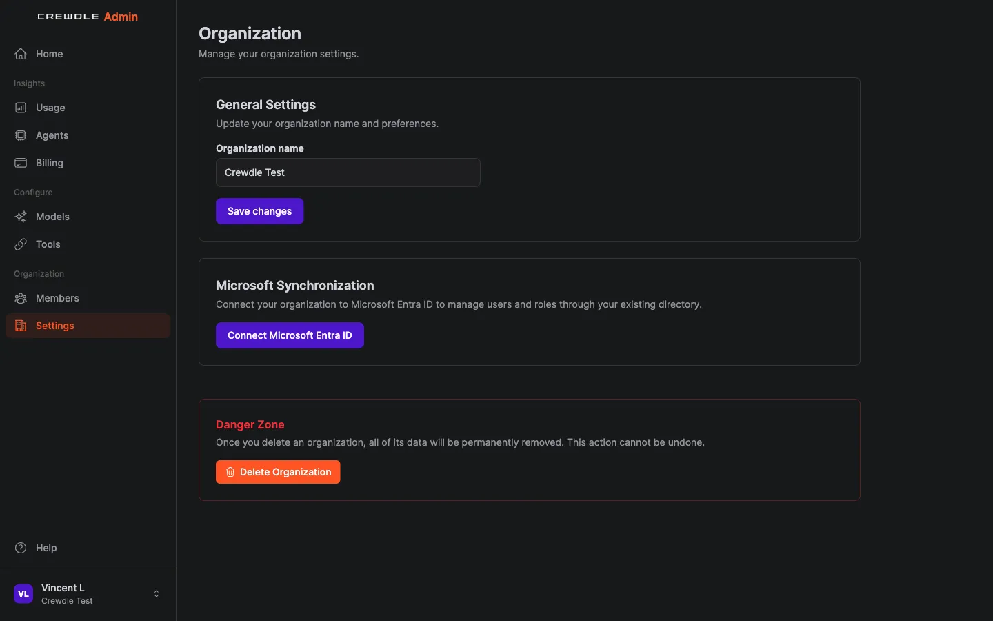 Crewdle Admin organization settings with general settings, Microsoft Entra ID sync, and a danger zone