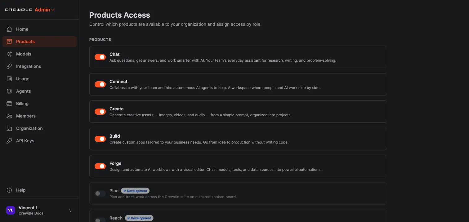 Crewdle Admin Products page listing every app with an on/off toggle, plus upcoming products in development