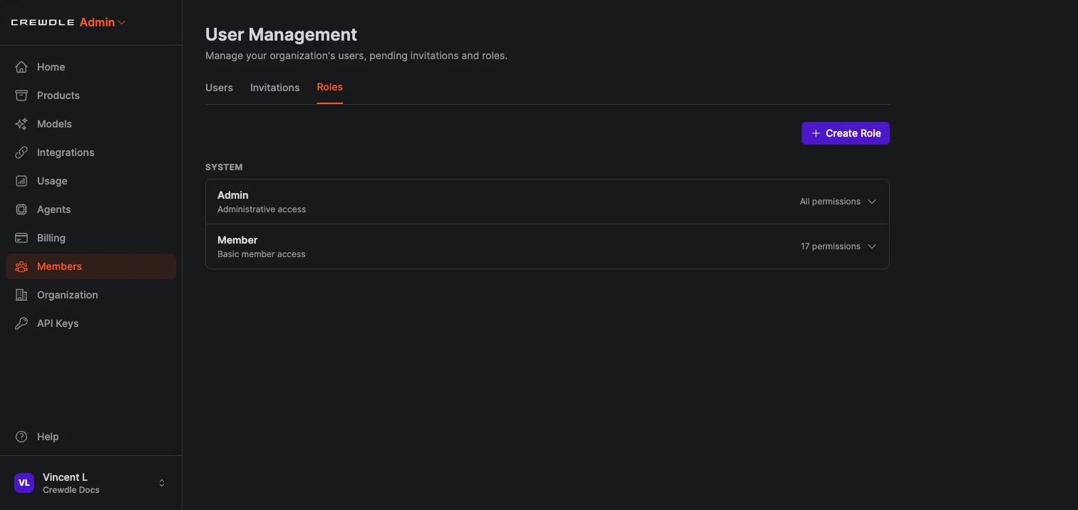 Crewdle Admin roles tab showing the Admin and Member system roles
