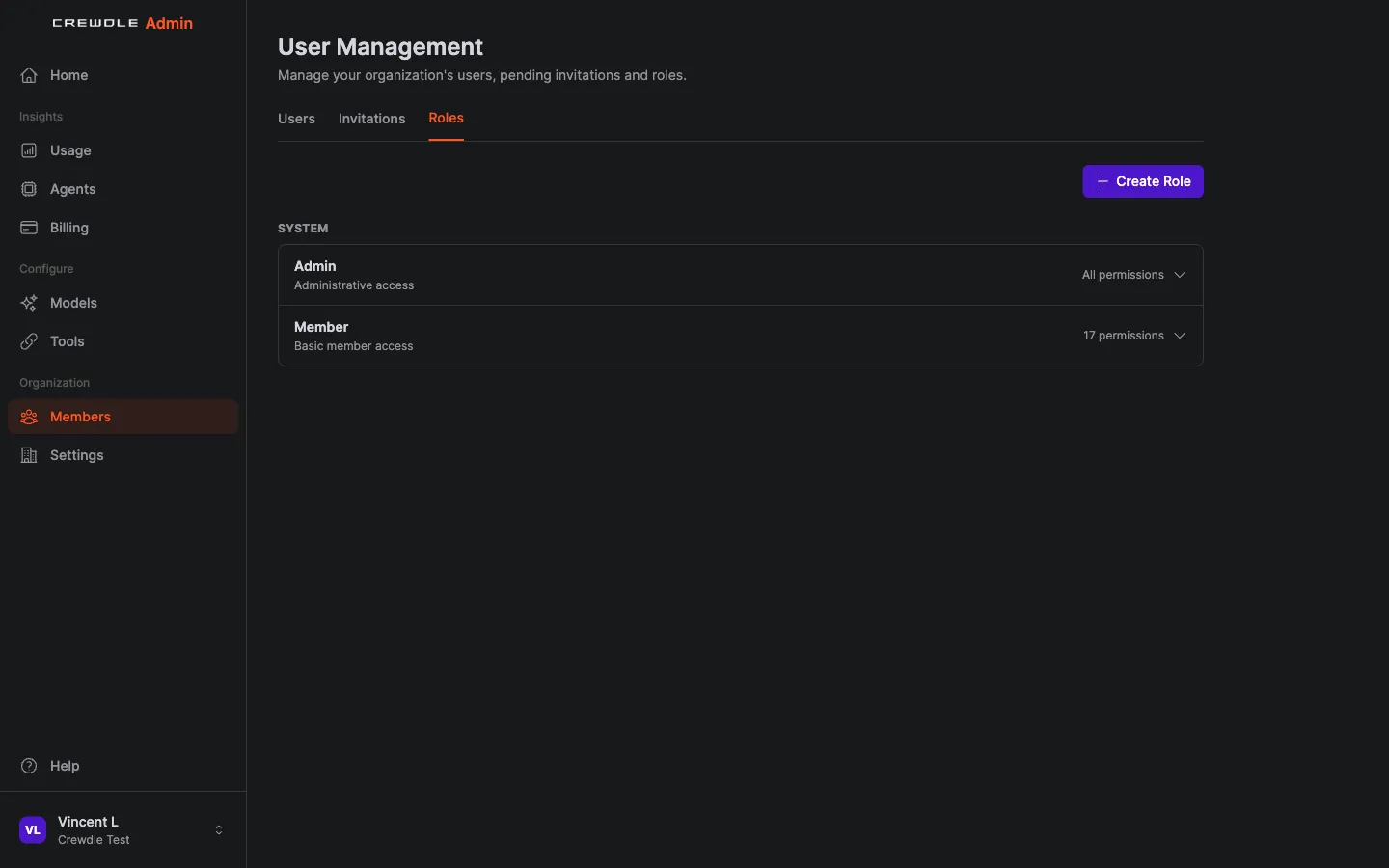 Crewdle Admin roles tab showing the Admin and Member system roles