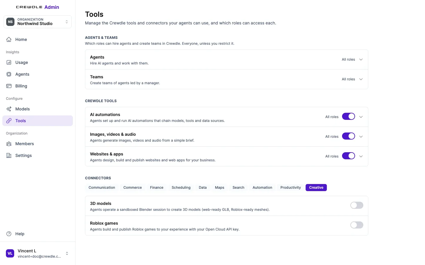 Admin → Tools, Connectors → Creative tab: 3D models (agents operate a sandboxed Blender session to create web-ready GLB and Roblox-ready meshes) and Roblox games, both switched off