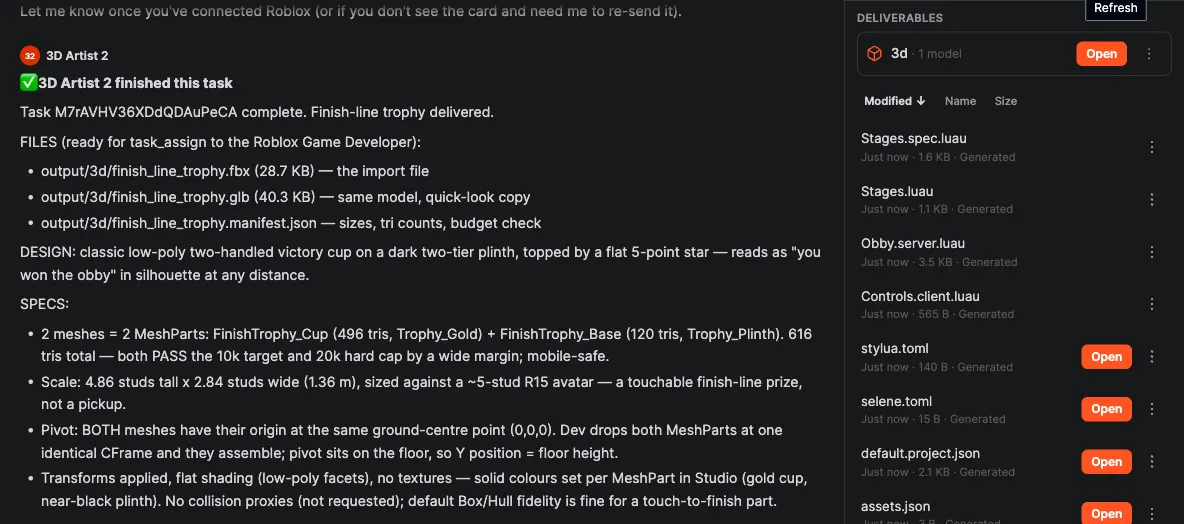 The files panel listing the 3D Artist’s exports in its output/3d/ folder