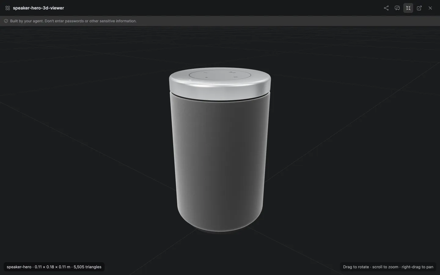 The same speaker open in Crewdle’s rotatable 3D preview: 0.11 × 0.18 × 0.11 m, 5,505 triangles