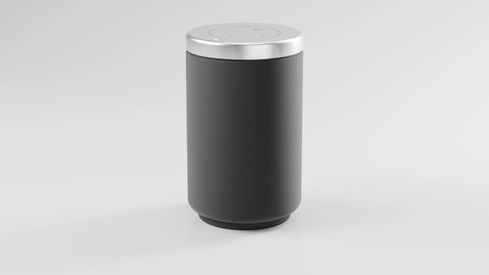 A charcoal wireless speaker with a brushed-aluminium top, rendered by the 3D Artist on a light grey studio backdrop