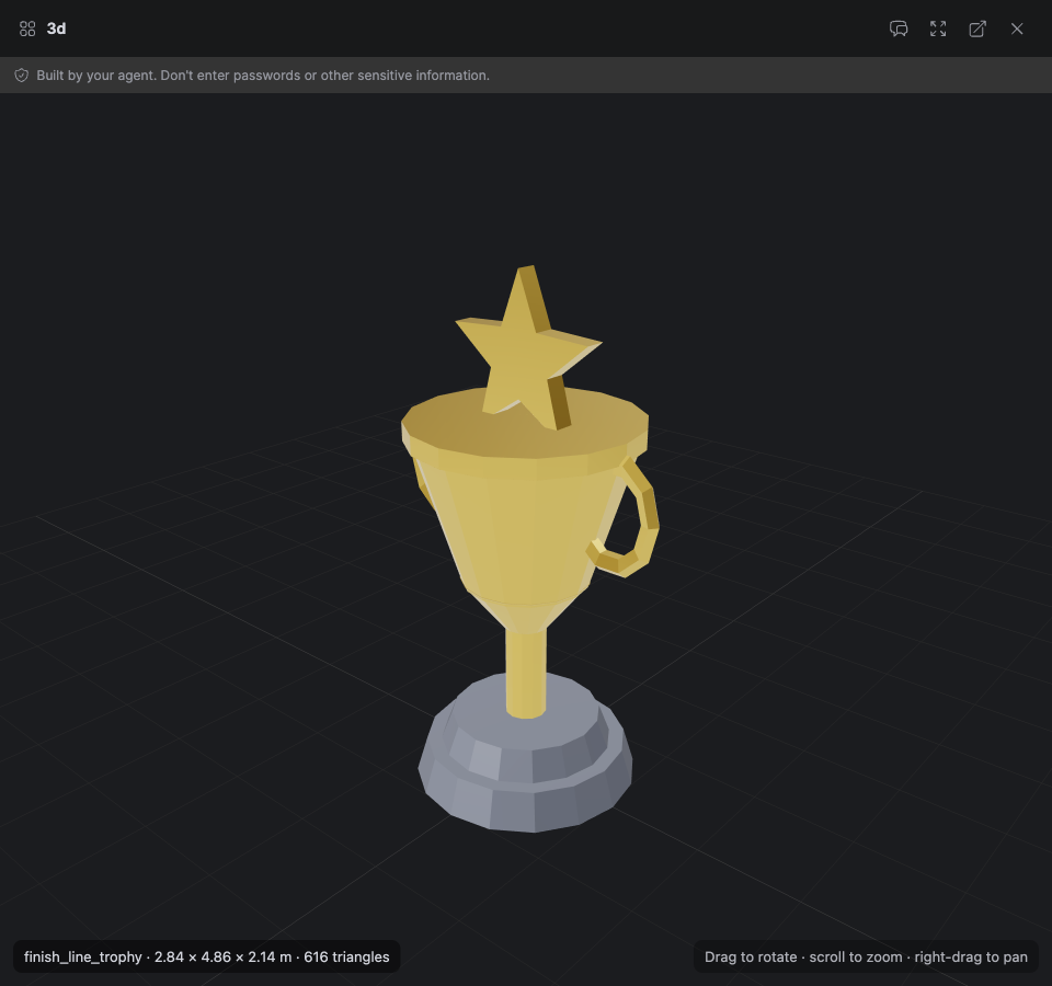 A low-poly gold trophy on a grey plinth, modelled by the 3D Artist for a Roblox obby and open in Crewdle’s rotatable 3D preview: 616 triangles.