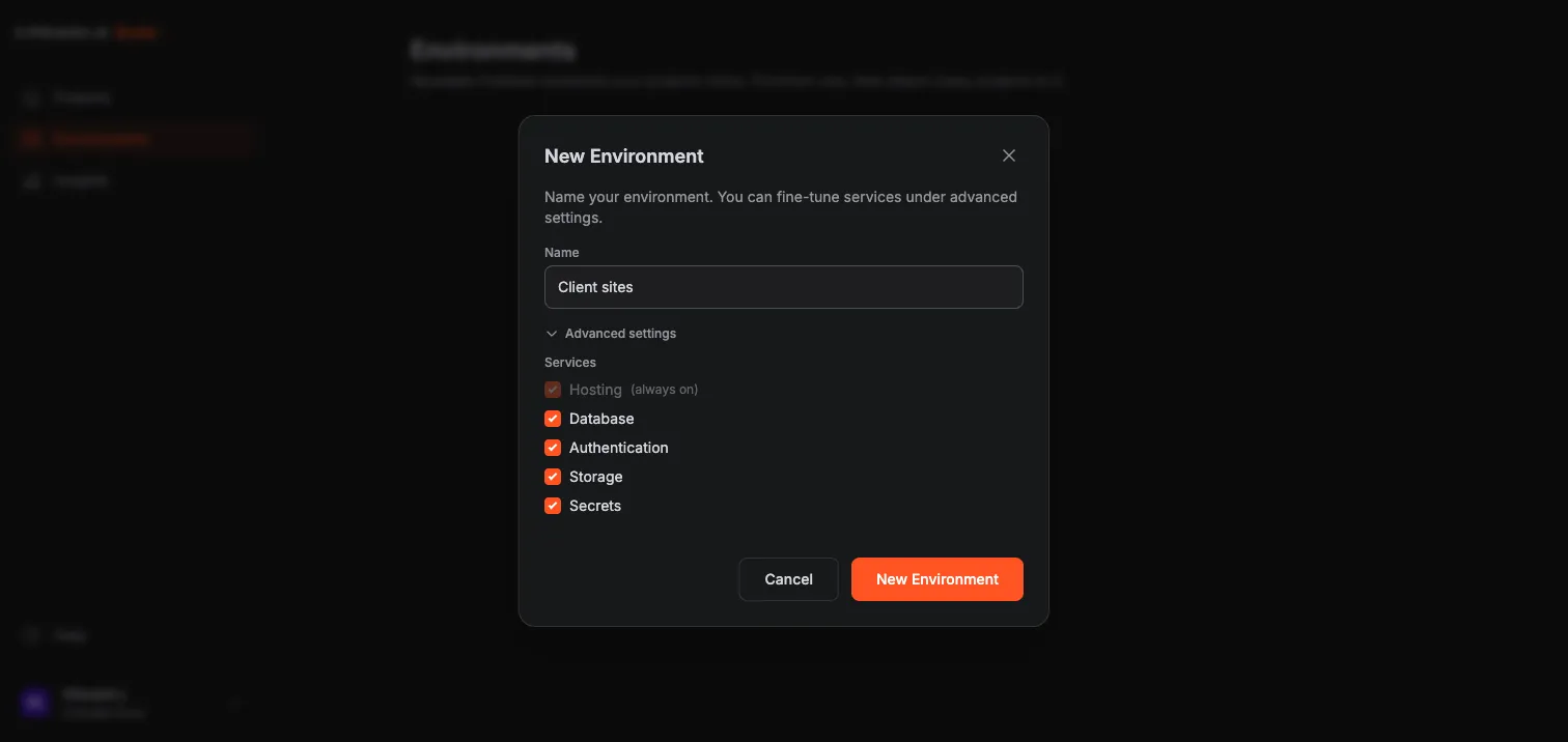 Crewdle Build New Environment dialog with a name field and service checkboxes for hosting, database, authentication, storage, and secrets