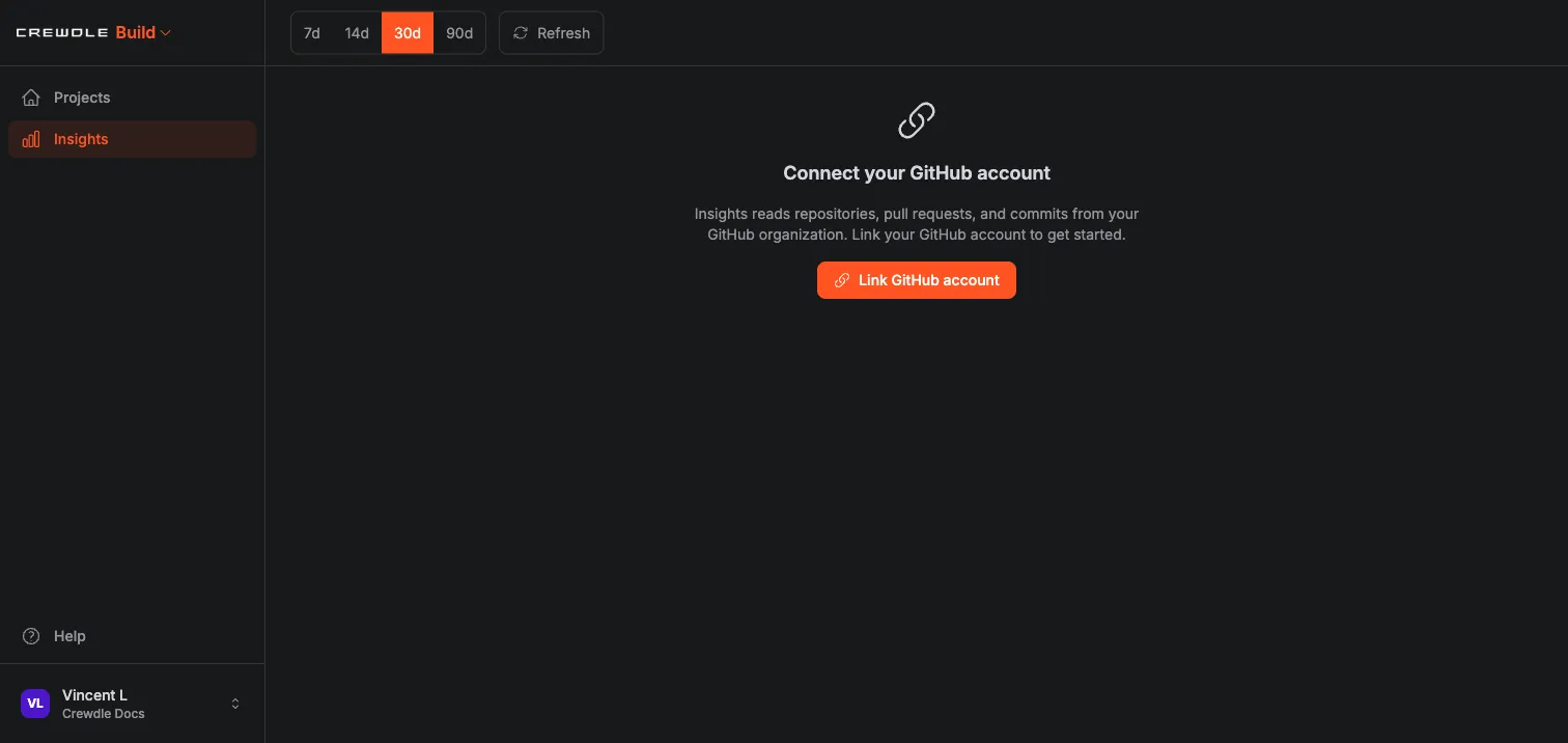 Crewdle Build Insights page prompting to connect a GitHub account, with a date range selector