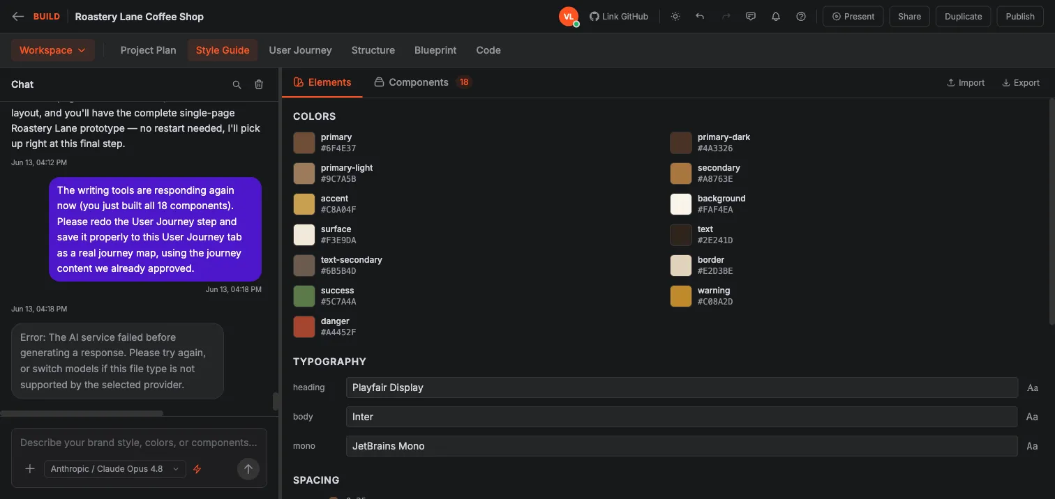 Crewdle Build workspace with step tabs for Project Plan, Style Guide, User Journey, Structure, Blueprint, and Code, plus an AI chat