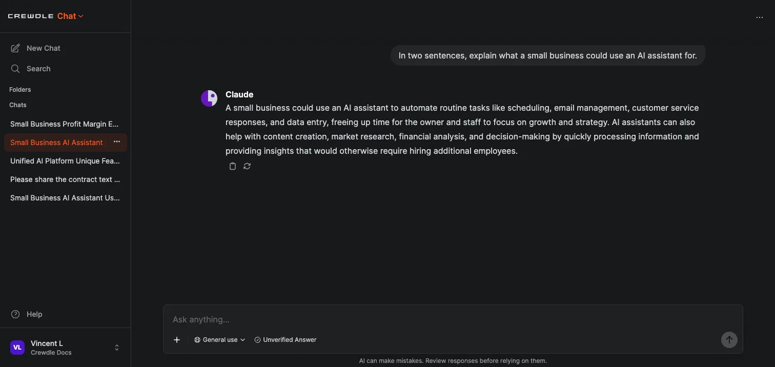 Crewdle Chat conversation showing a question and a model-labeled answer with copy and regenerate actions