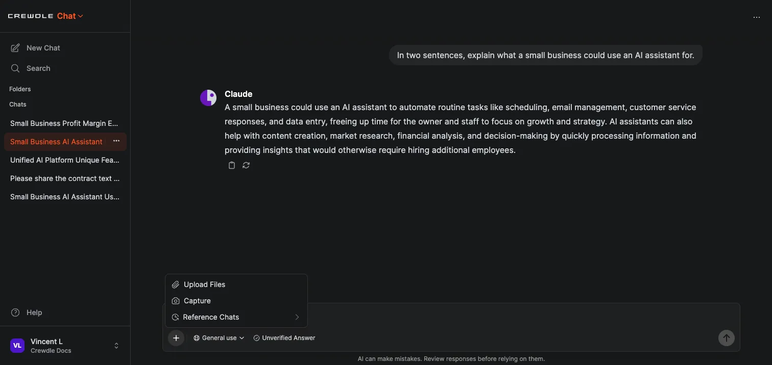 Crewdle Chat attachment menu with options to upload files, capture, and reference other chats