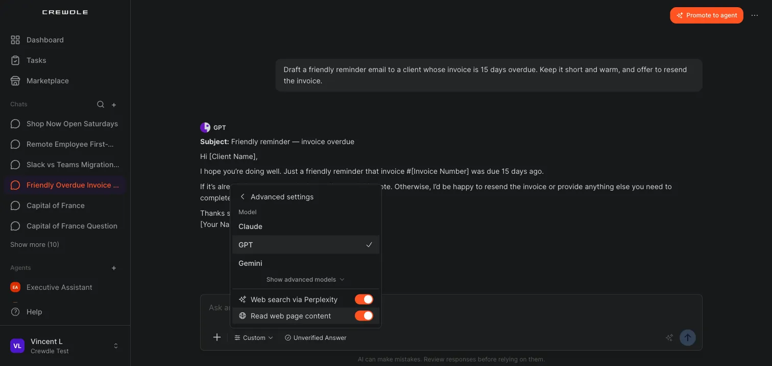 Advanced settings in a Crewdle chat showing Claude, GPT, and Gemini as Smart Routing options, with Show advanced models below