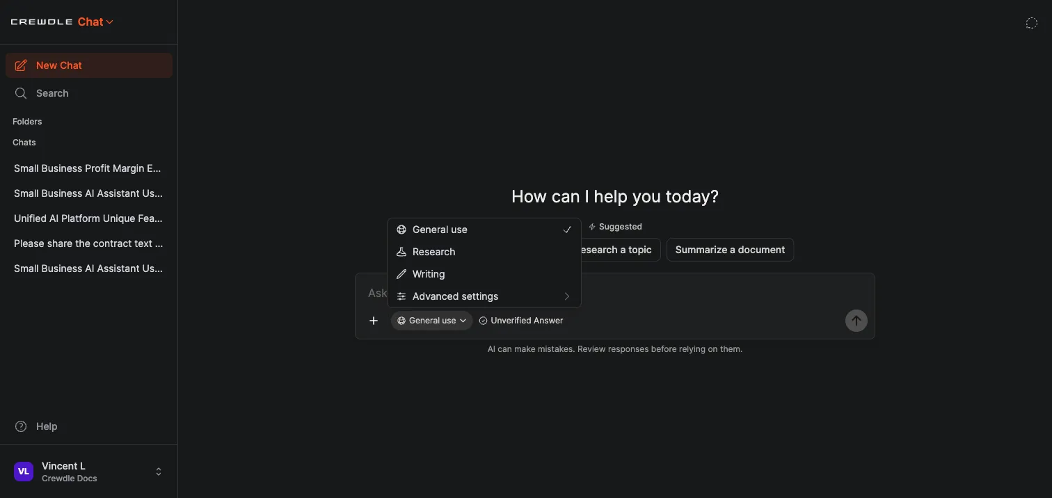 Crewdle Chat mode menu showing General use, Research, and Writing above Advanced settings