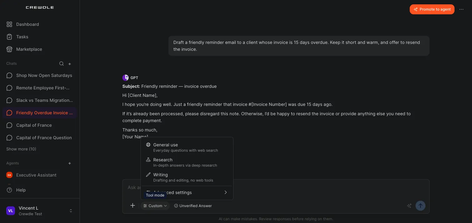 The Crewdle chat mode menu showing General use, Research, and Writing above Advanced settings