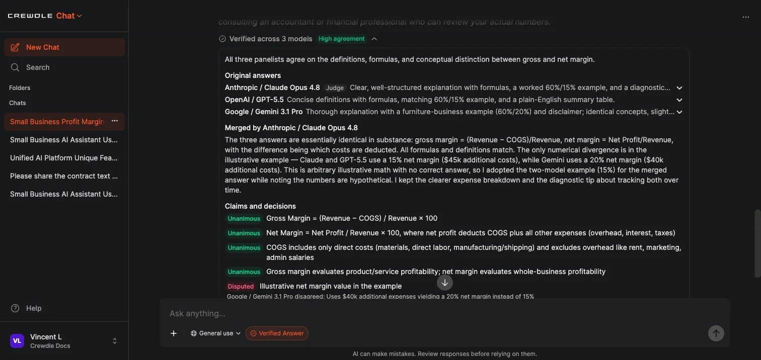 Crewdle Chat agreement panel with the original answers from three models, merge notes, and claims marked Unanimous or Disputed