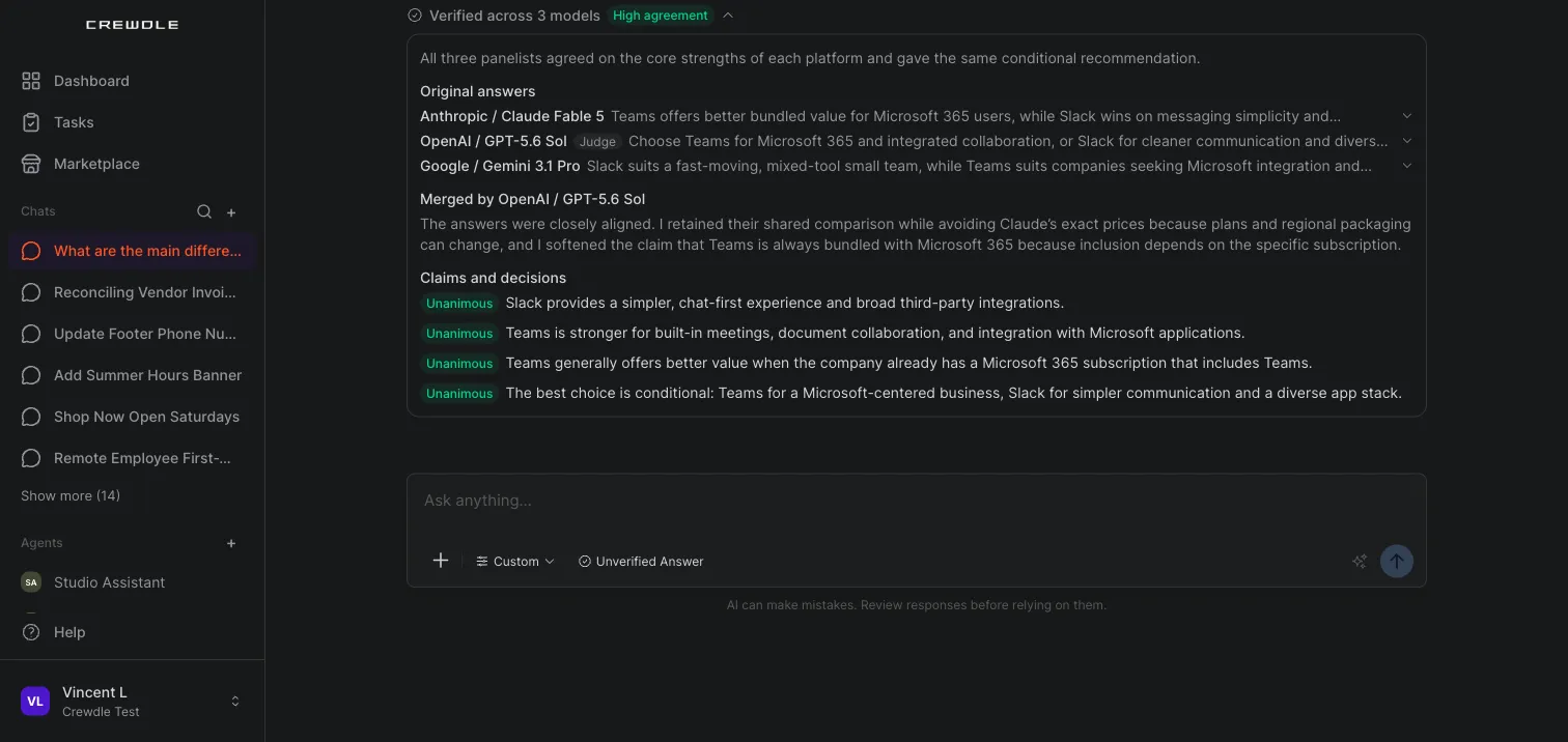 The Crewdle chat agreement panel with the original answers from three models, merge notes, and claims marked Unanimous or Disputed