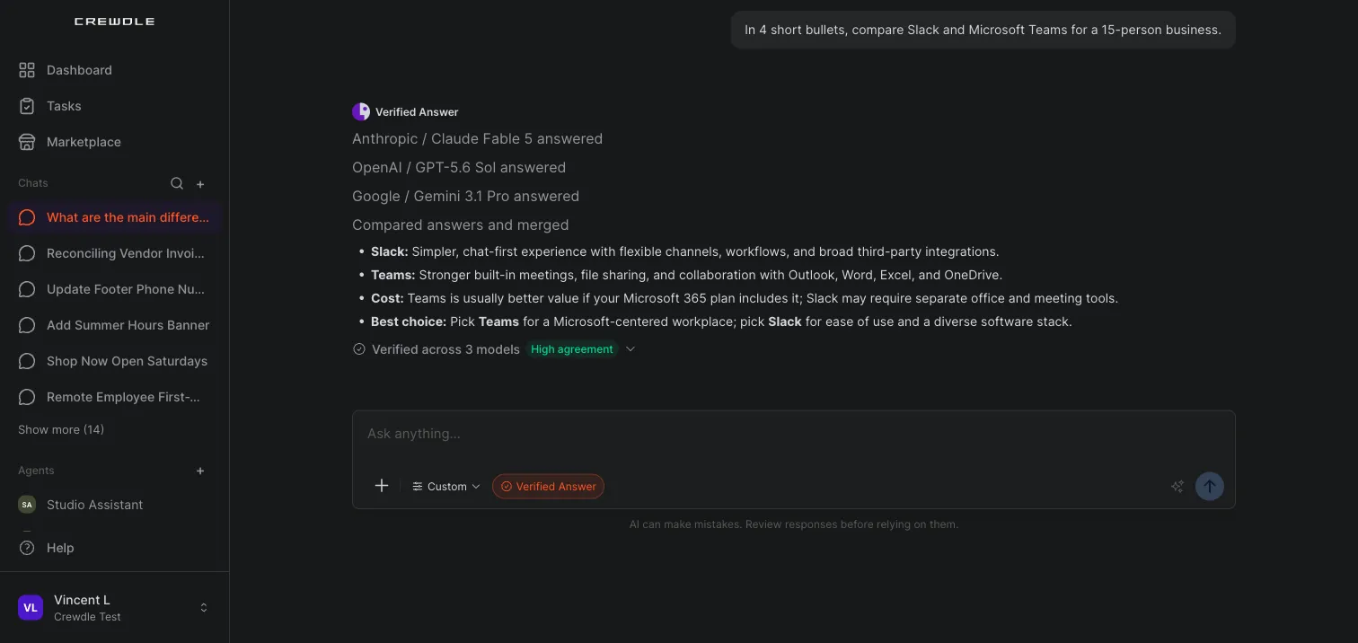 A Verified Answer in Crewdle showing Claude, GPT, and Gemini each answering before Chat compares and merges the answers