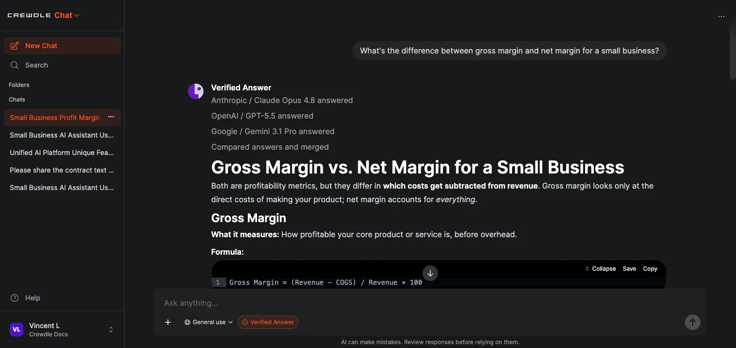 Crewdle Chat Verified Answer showing Claude, GPT, and Gemini each answering before Chat compares and merges the answers