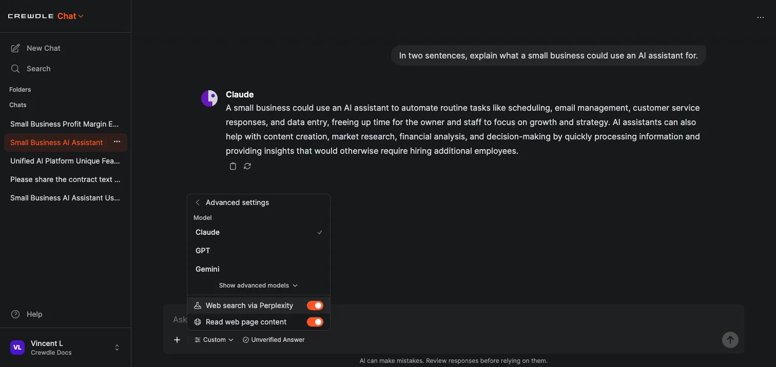 Crewdle Chat Advanced settings with Web search via Perplexity and Read web page content both turned on