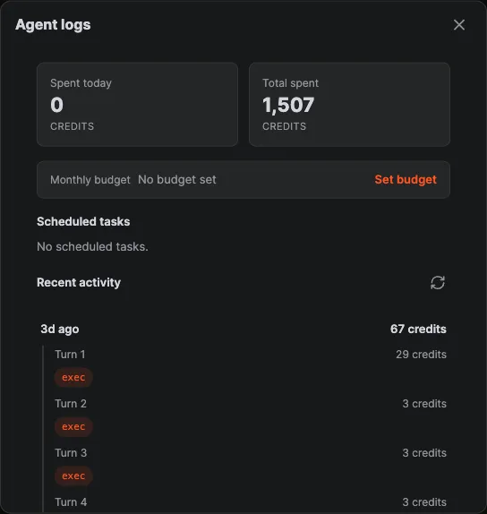 Crewdle Connect agent logs panel with spend counters, a monthly budget setting, scheduled tasks, and per-turn activity