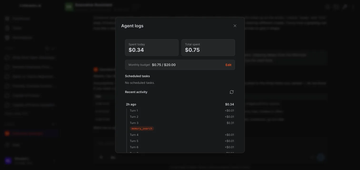 An agent’s log panel with spend counters, a monthly budget and per-turn activity