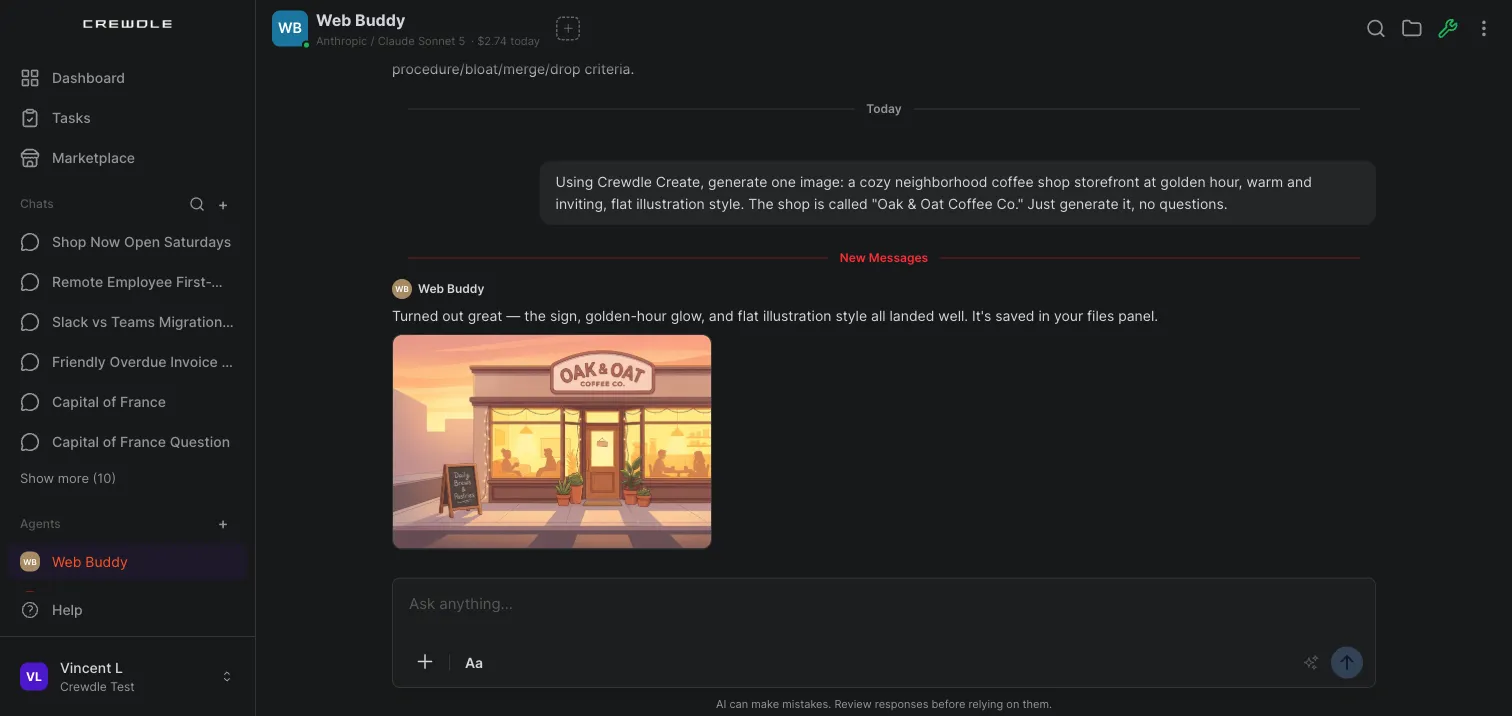 A Crewdle agent generating a coffee-shop storefront image inside the conversation
