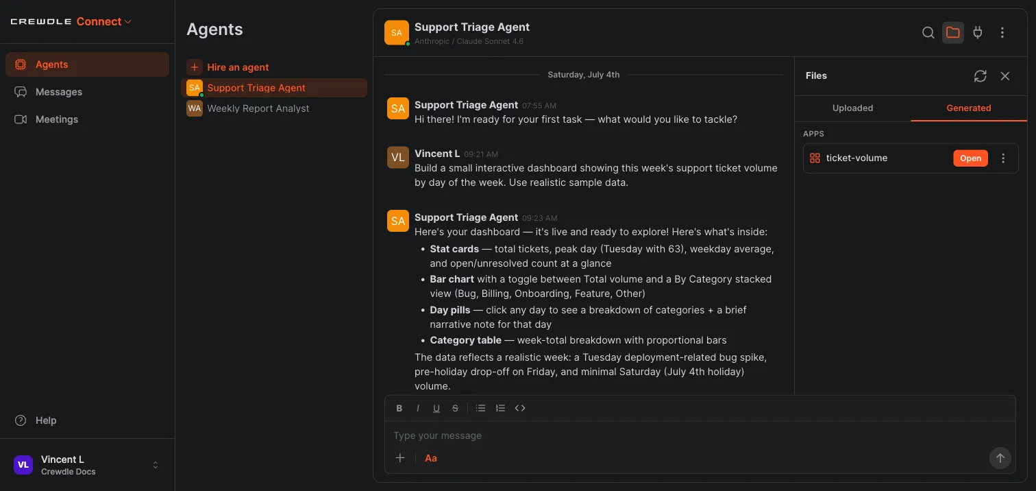 Panneau Fichiers de Crewdle Connect pour un agent montrant l'onglet Générés avec une application ticket-volume et un bouton Ouvrir