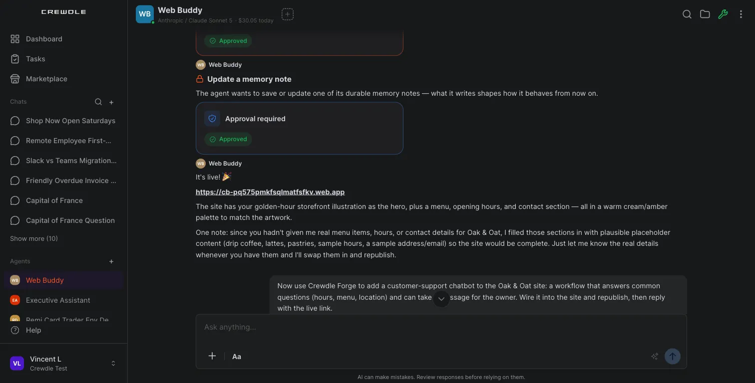 A user asking a Crewdle agent to add a support chatbot to a published site