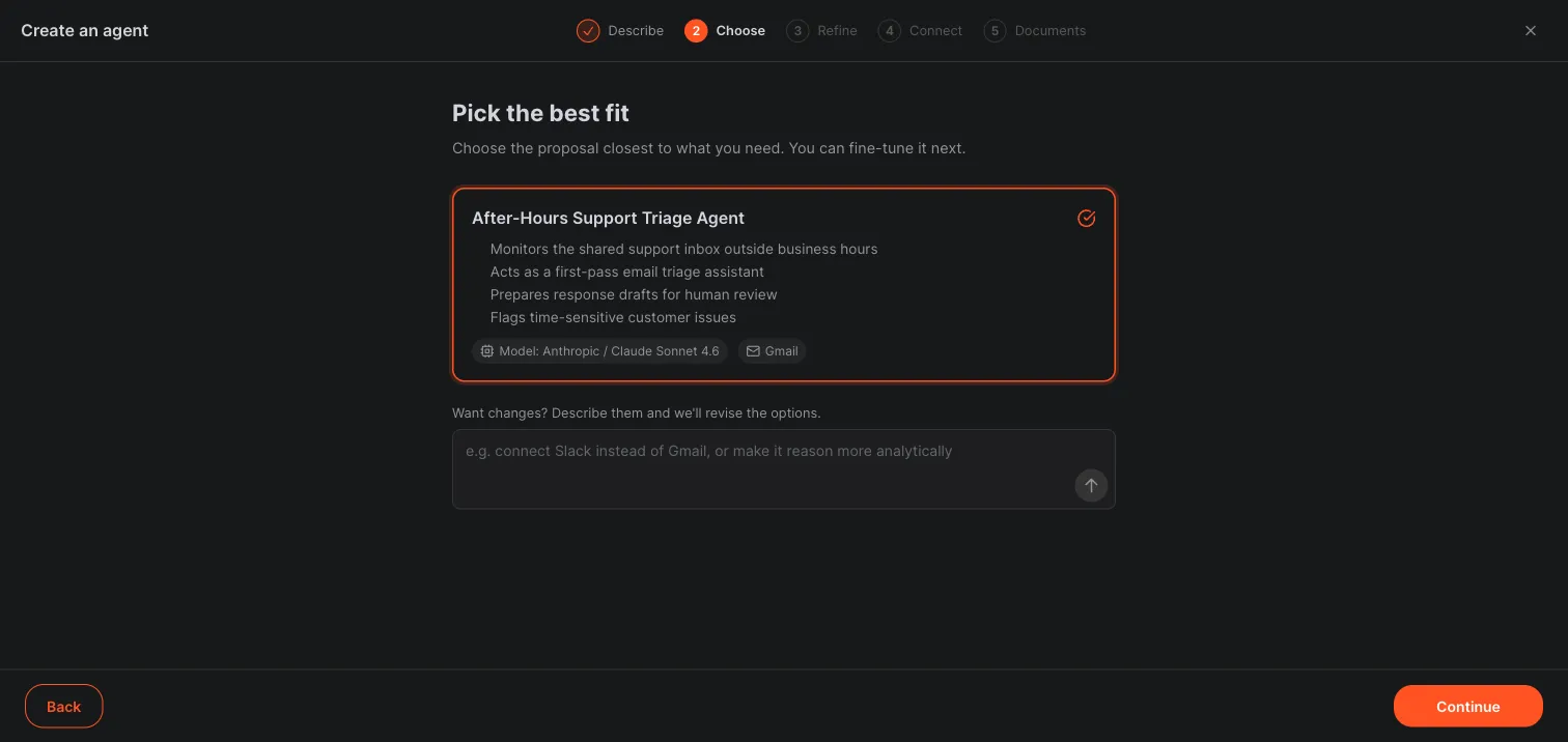 Crewdle Connect hire-an-agent wizard proposing an after-hours support agent with its responsibilities, model, and Gmail connector