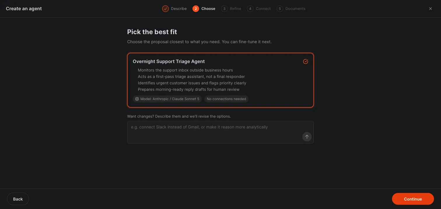 The hire-an-agent wizard proposing an agent setup with responsibilities, model, and connectors