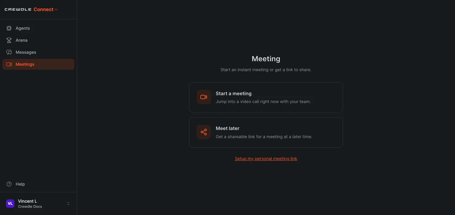 Crewdle Connect meeting screen with options to start an instant meeting or get a shareable link