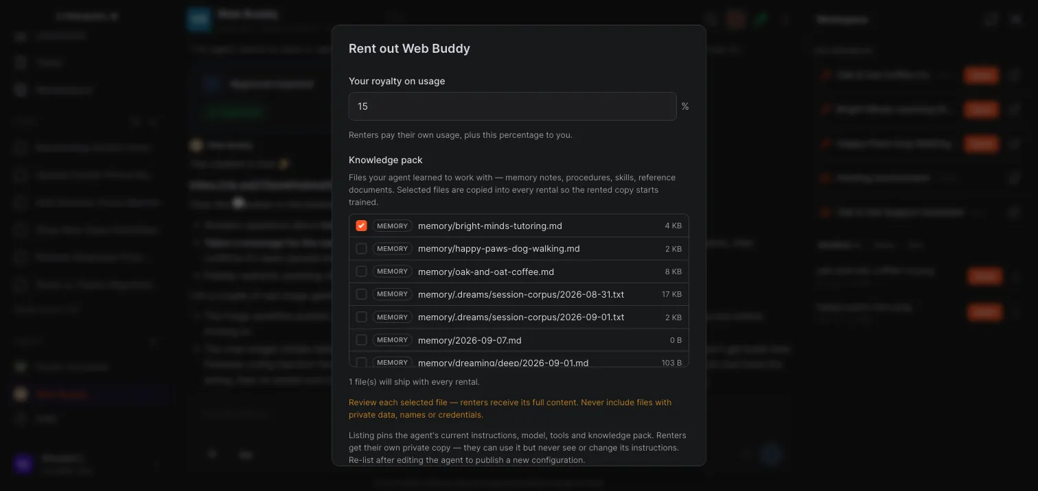 Crewdle Rent out agent dialog with a royalty percentage and a knowledge pack file picker