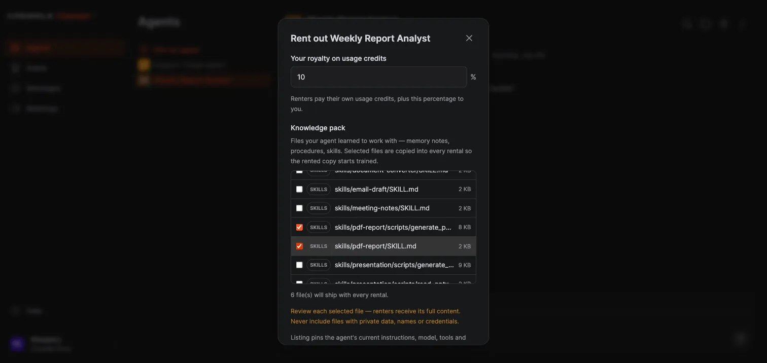 Crewdle Connect Rent out agent dialog with a royalty percentage and a knowledge pack file picker