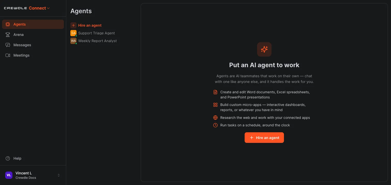Crewdle Connect Agents section listing hired agents alongside the capabilities they offer