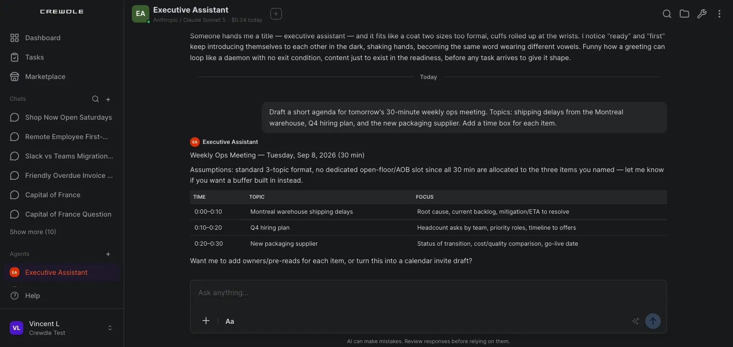 The Crewdle workspace with hired agents, teams and spaces in the sidebar