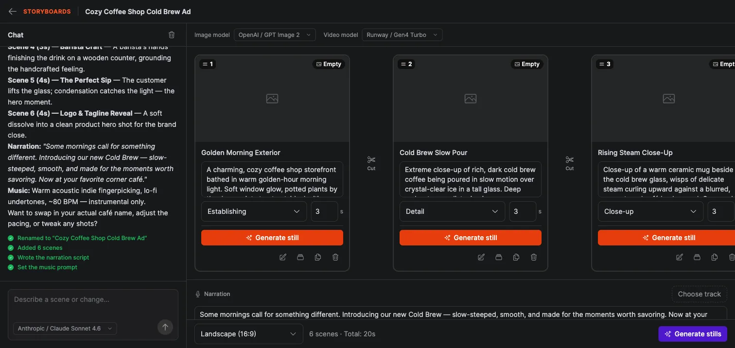 A Crewdle Create storyboard with several planned scenes, a narration script, and a render button