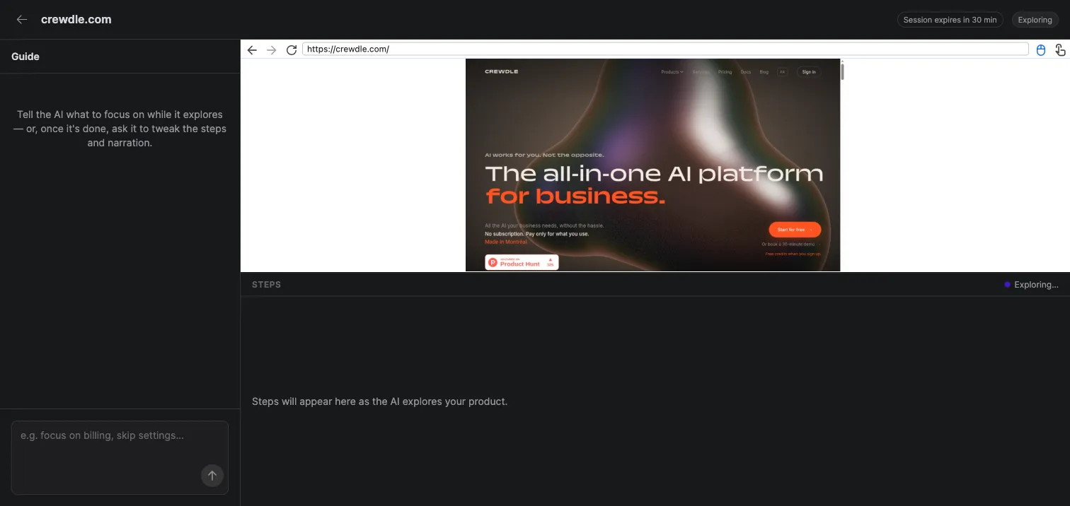Crewdle Create Walkthrough exploring a live website in an embedded browser to build a narrated demo