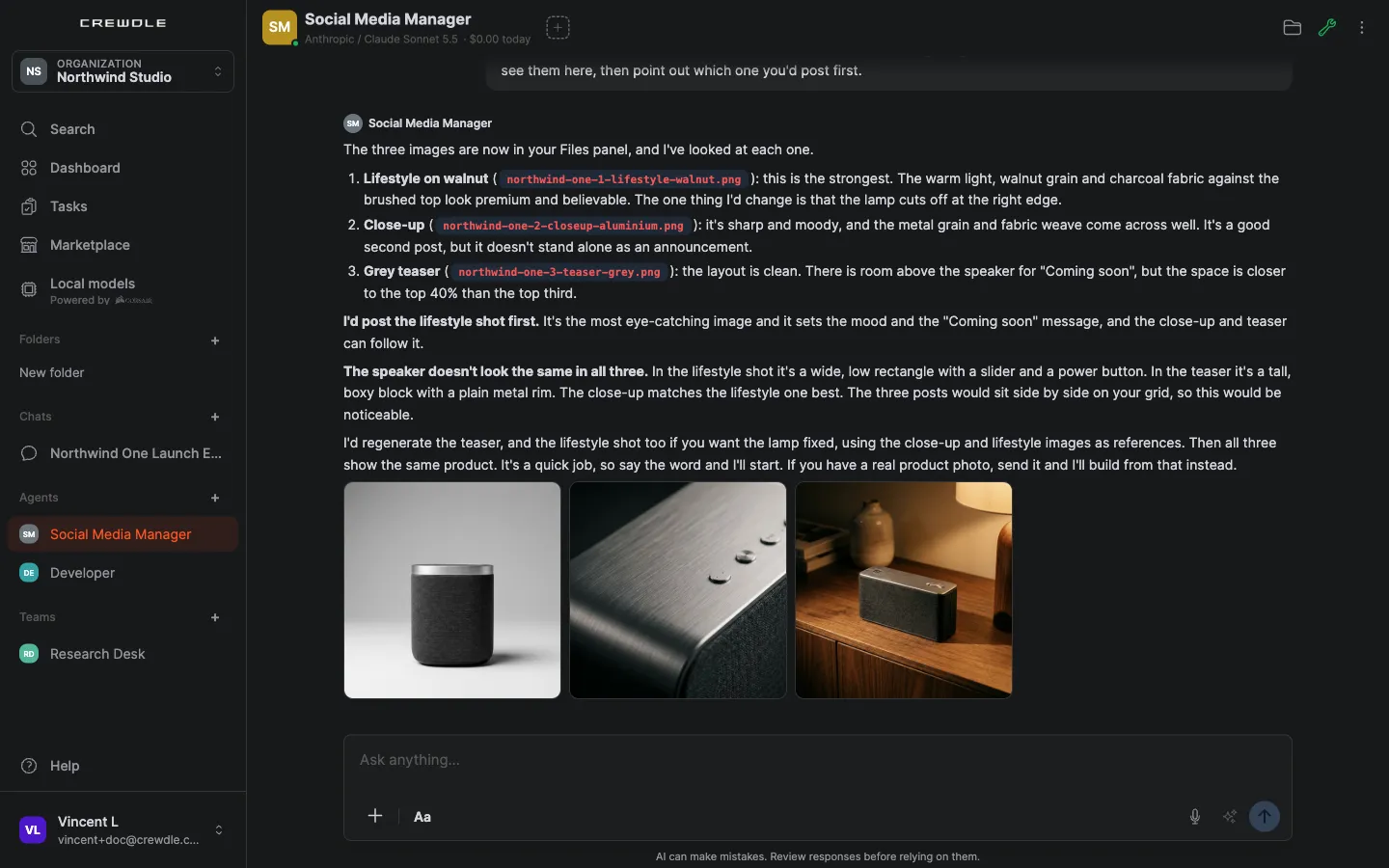 A Social Media Manager agent showing three generated launch visuals for a speaker in the conversation, with its review of each one