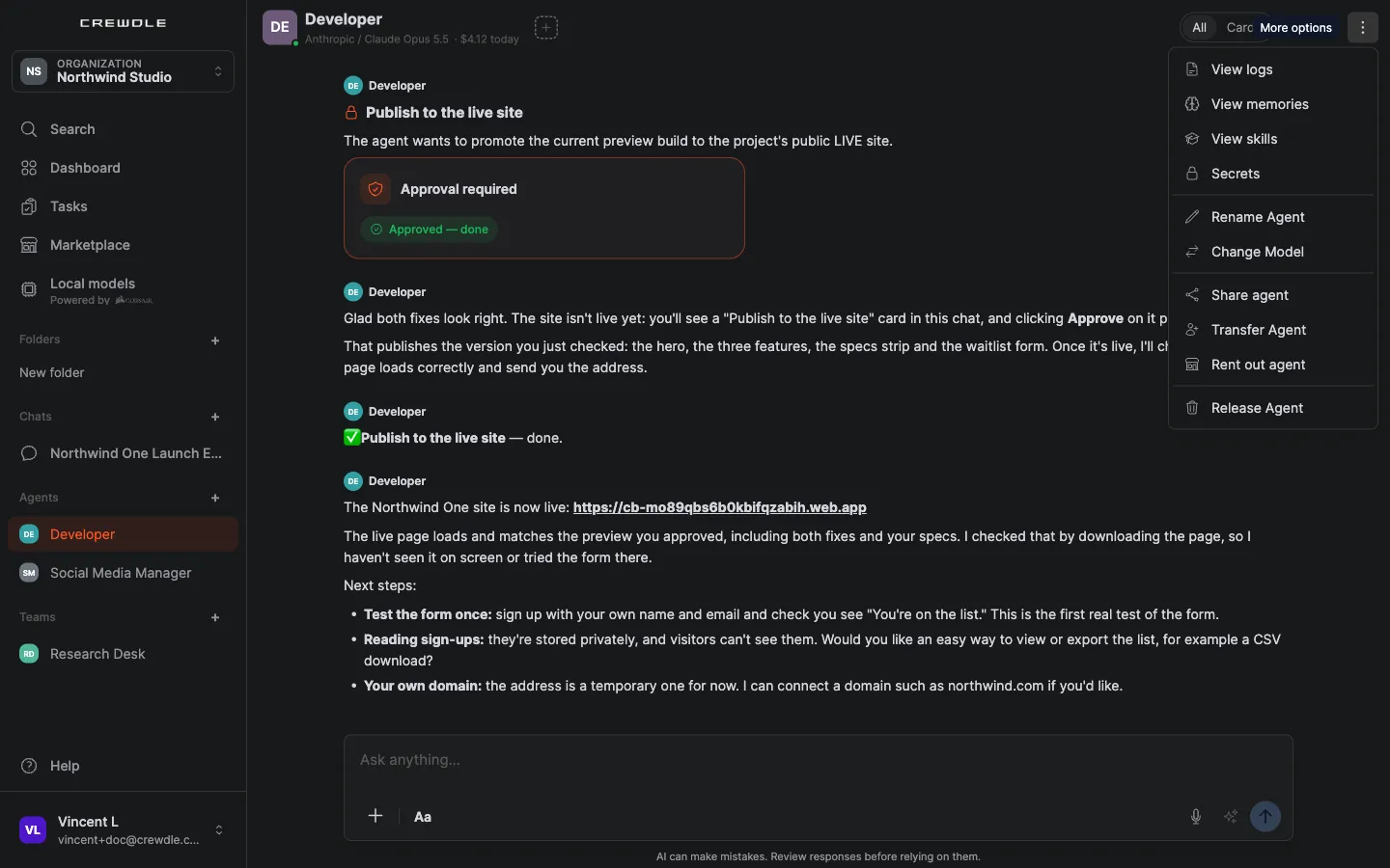 An agent's More options menu with Share agent, Transfer Agent, Rent out agent and Release Agent below its logs, memories, skills, secrets, name and model