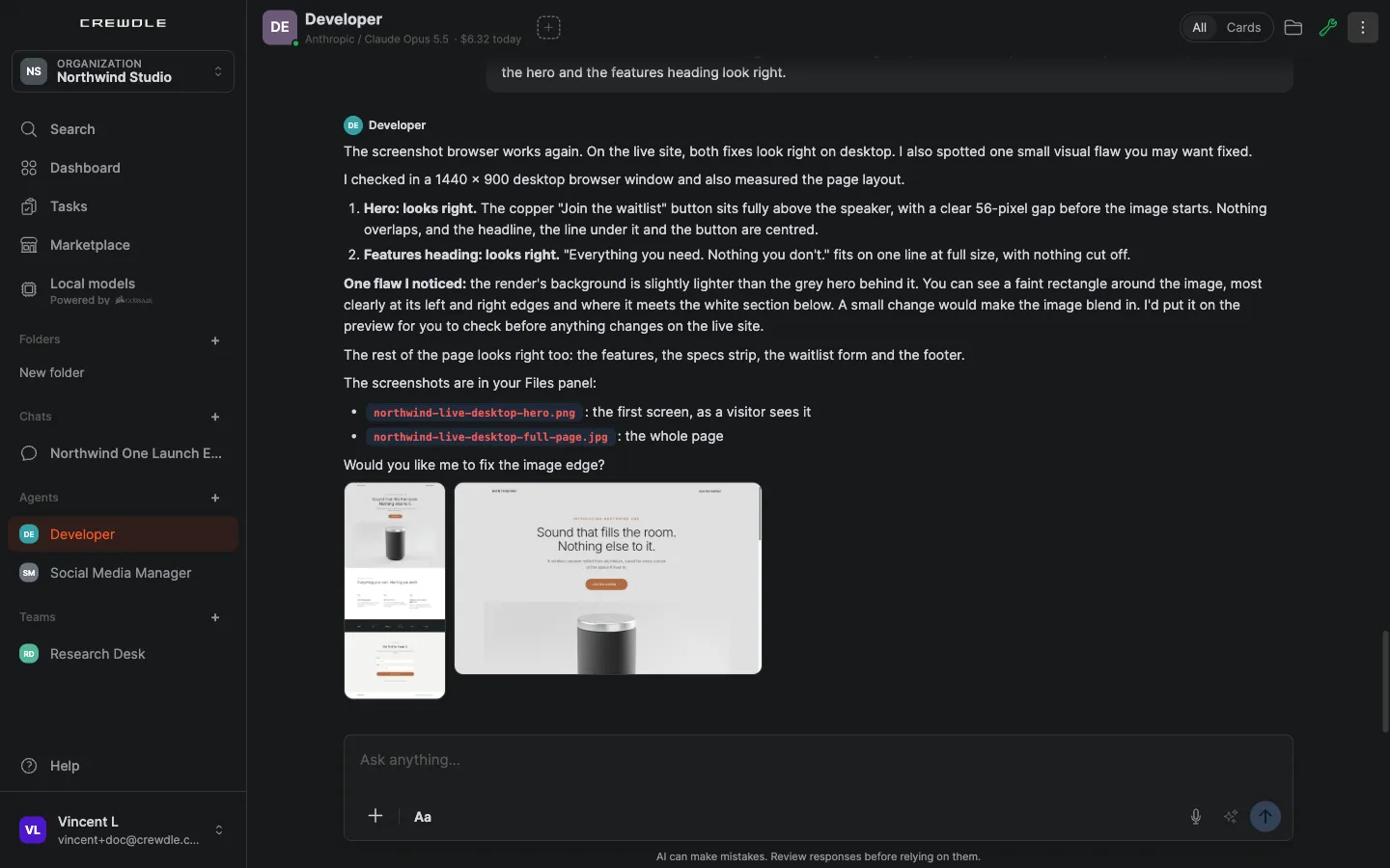 The Developer's report after viewing the live site in a desktop browser: both fixes look right, one small flaw in the render's background is flagged with an offer to fix it, and its screenshots of the page are shown in the chat