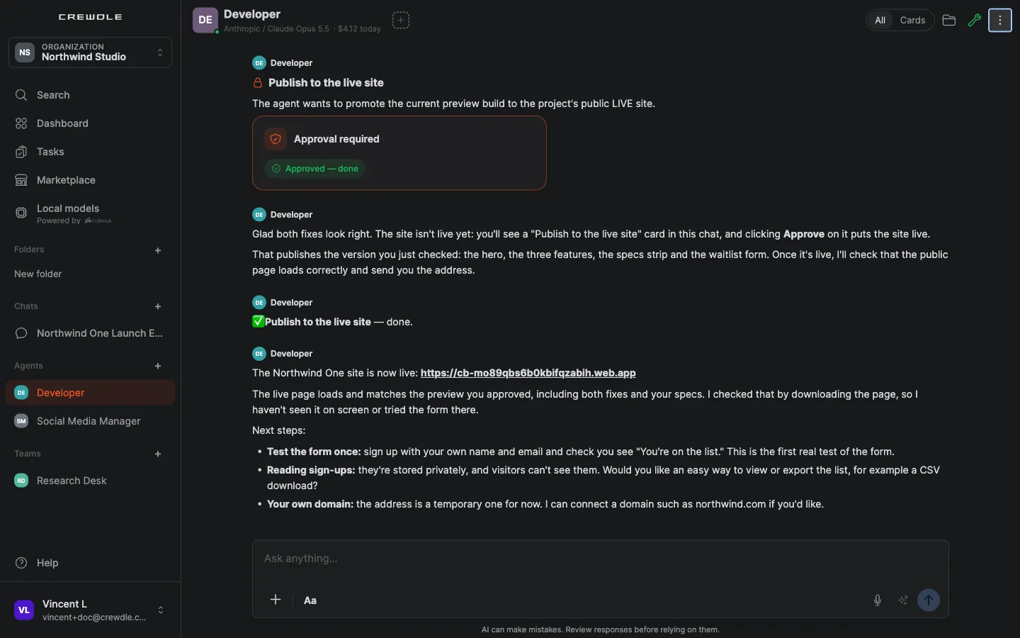 The Developer's conversation: the approved Publish to the live site card, a message that publishing is done, and "The Northwind One site is now live" with its link and next steps: test the form, reading sign-ups, your own domain