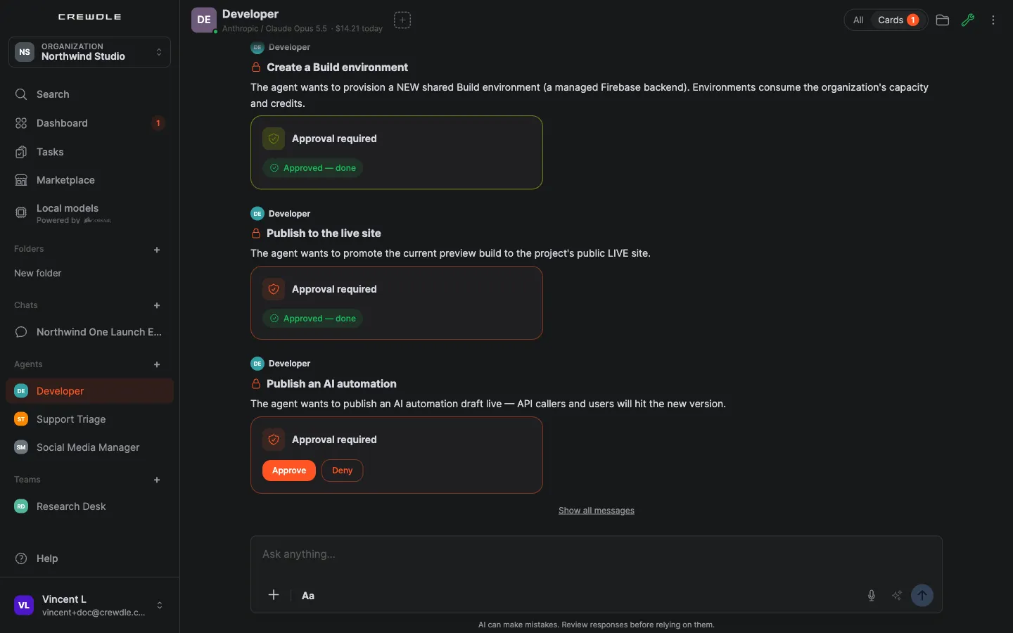 Approval cards in an agent conversation: Create a Build environment and Publish to the live site already approved, and Publish an AI automation waiting with Approve and Deny