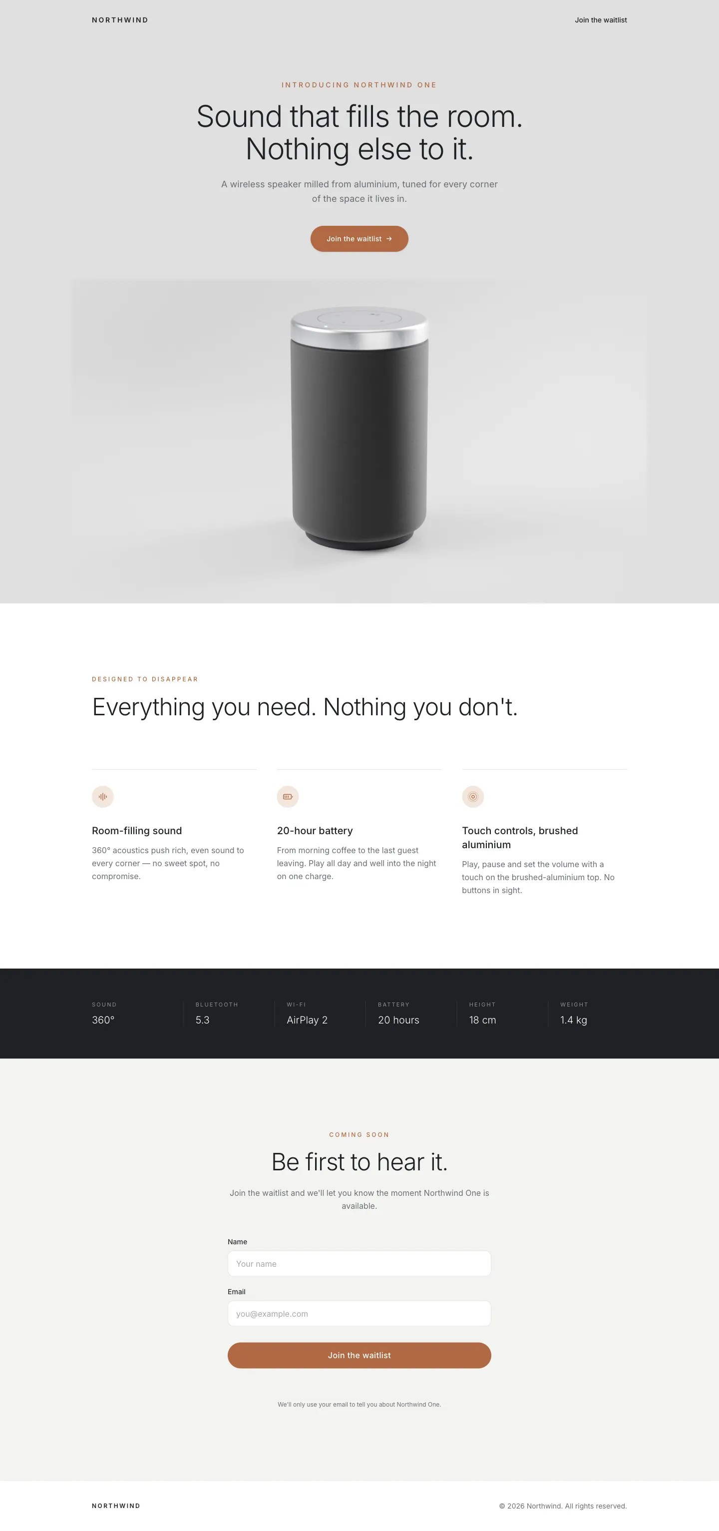 A one-page launch site a Developer agent built and published for a wireless speaker: a hero with the product render and a Join the waitlist button, three feature highlights, a specs strip and a waitlist form