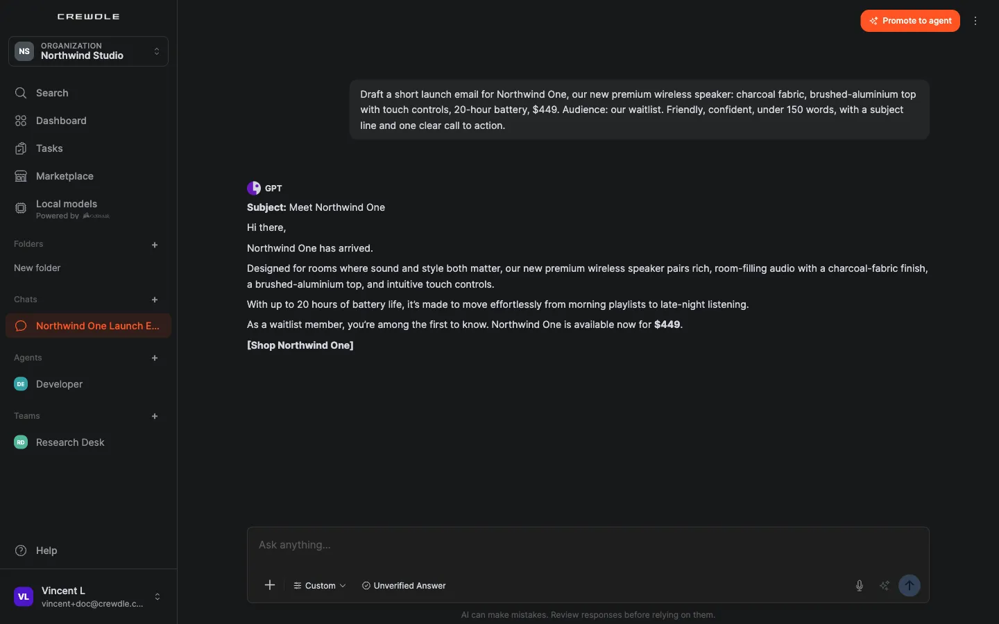 A chat in which GPT drafted a launch email for a new product, with the Promote to agent button at the top right